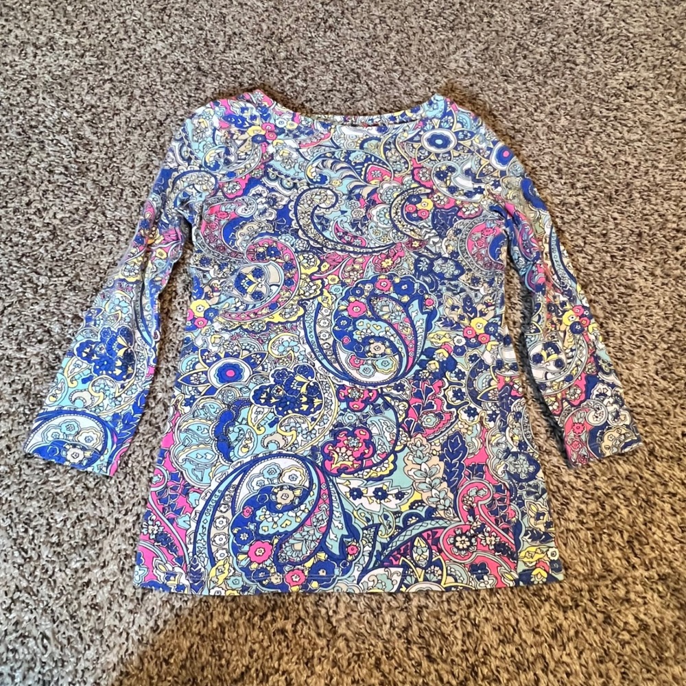Talbots Petites Blue Pink Paisley 3/4 Sleeve Boat Neck Knit Top Size P‎